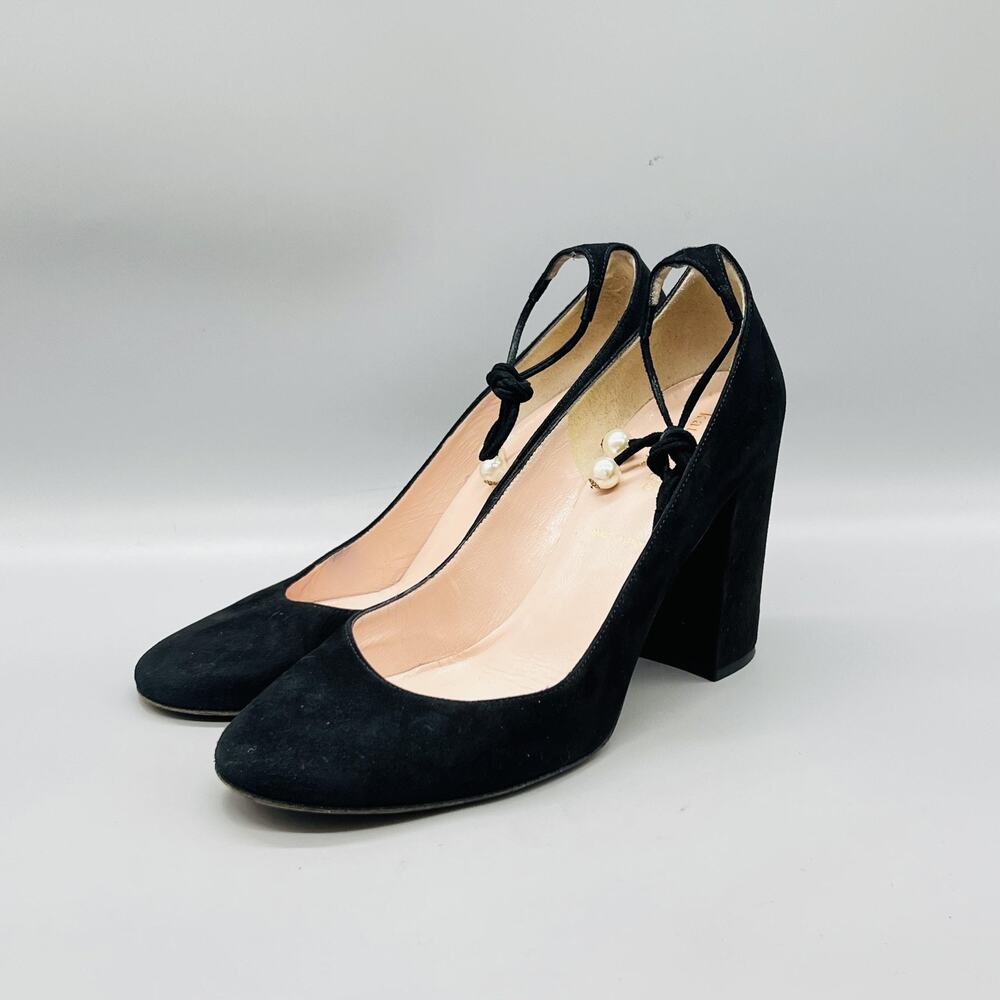 Kate Spade Shoes Womens 8 Black Suede Pearl Tie Strap Block Heel Pumps Italy - Picture 3 of 11